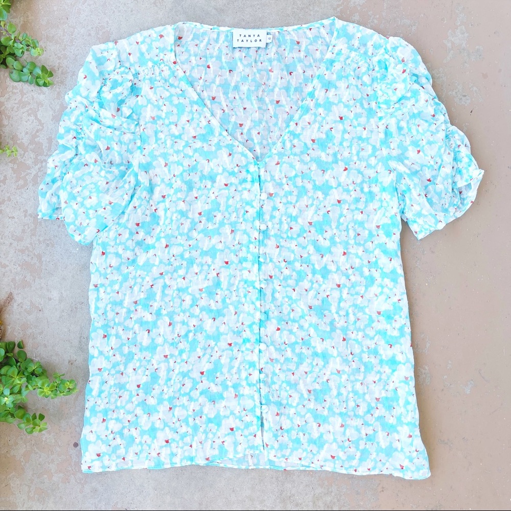 Tanya Taylor Blue Floral Silk Top Blouse